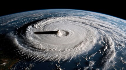 A satellite view of a powerful hurricane swirling over the ocean.