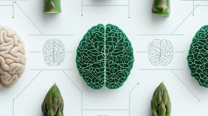 A creative arrangement of brain shapes and asparagus, emphasizing the link between food and cognition.