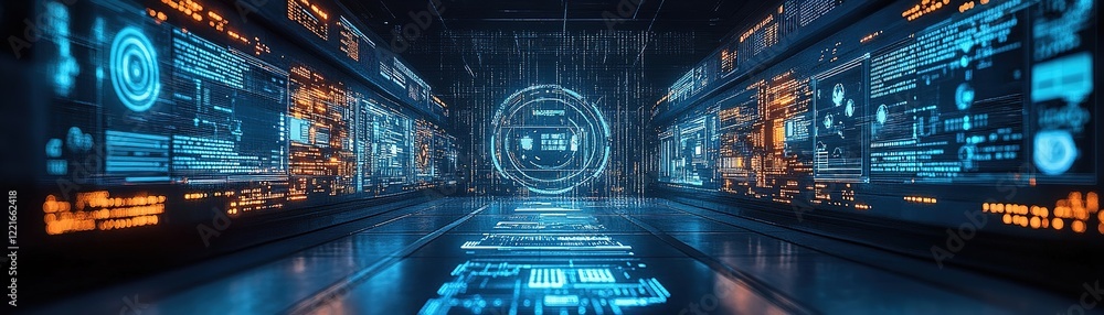 Poster futuristic data visualization digital lab technology environment cyberpunk design close-up perspecti