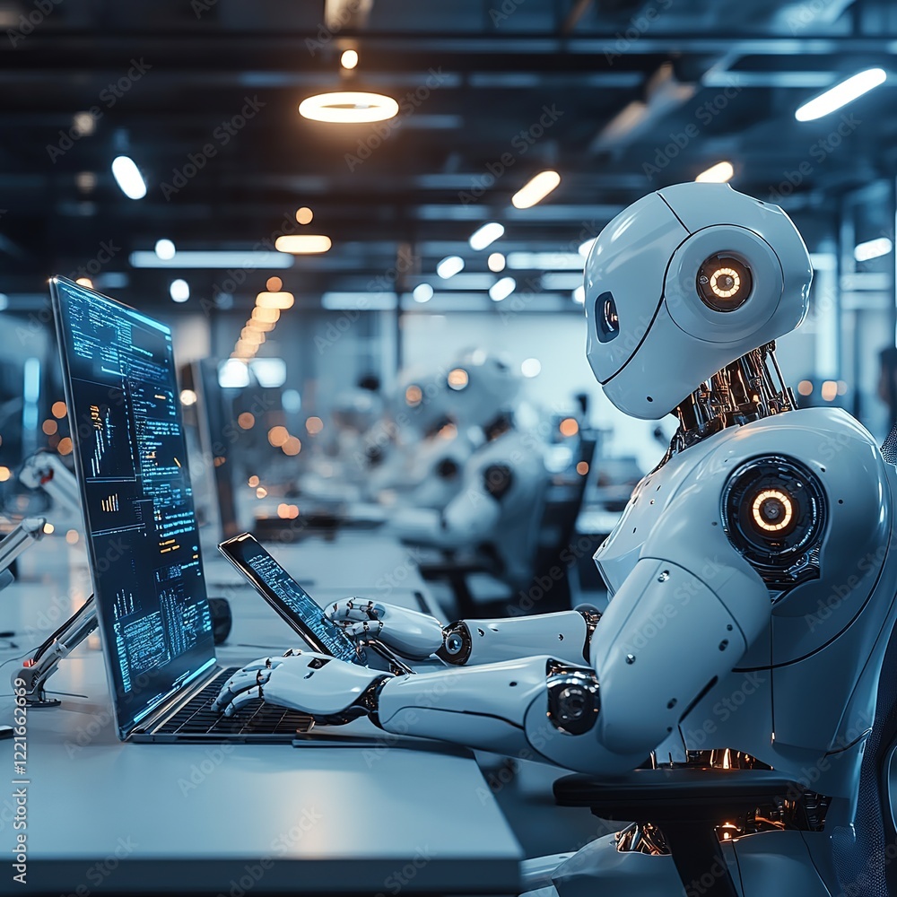 Poster innovative robot performing data analysis in modern office high-tech environment futuristic concept