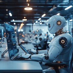 Innovative robot performing data analysis in modern office high-tech environment futuristic concept