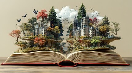 Fototapeta premium Imaginary cityscapes emerging from an open book whimsical landscape digital art indoor creative concept