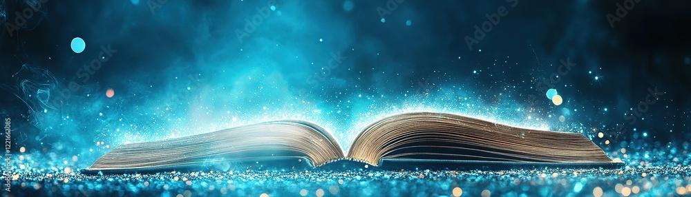 Poster captivating fantasy scene open book digital environment magical glow close-up view enchantment of kn