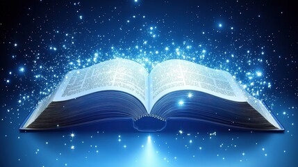 Magical open book with sparkling lights imaginary realm digital art mystical atmosphere close-up view knowledge concept