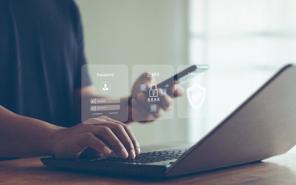 Smartphone protection with 2Fa, Multi Factor Authentication, Cybersecurity and privacy protect data. internet network security technology. Encrypted data. Personal online privacy. Cyber hacker threat.