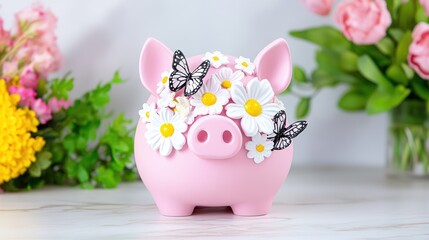 Colorful piggy bank with daisies and butterflies surrounded by spring flowers