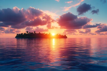 Fototapeta premium Tropical Island Sunset Over Calm Ocean Waters