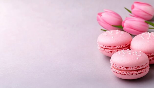 Three pink macarons arranged with blooming tulips on a light gray surface - Powered by Adobe