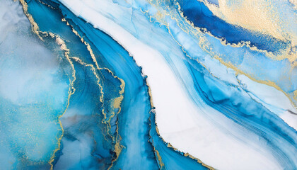 Niebieski marmur w złote linie. Styl alkohol inks. Tekstura marmuru. Nowoczesny wz&oacute;r