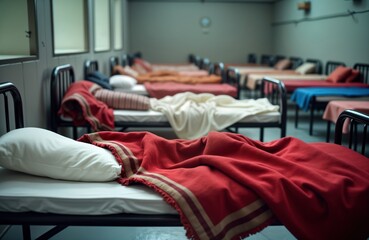 Obraz premium Indoor shelter with rows of beds. Beds simple metal frames with blankets, pillows. Shows temporary accommodation center for needing help. Place of refuge support for vulnerable people. Social