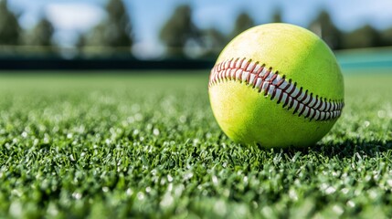 A close-up of a baseball on green artificial grass under a clear blue sky.
