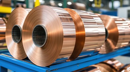 Copper coils stacked on a blue rack in an industrial setting.