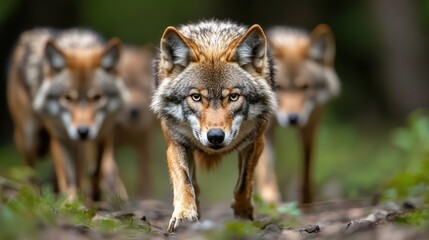 Obraz premium Three wolves walking towards the camera in a forested environment.