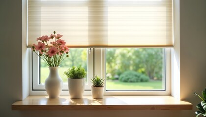 Modern home interior window with light beige cellular shades. Pink flowers in white vase, small plants on window sill. Sunlight streams through window. Peaceful living room scene. Empty windowsill