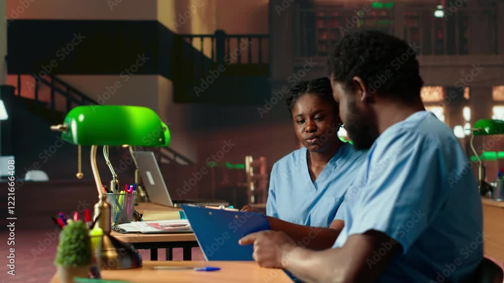 Poster future nurses studying anatomy class notes in a university library, reviewing courses and preparing 