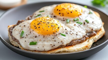 A delicious plate featuring two fried eggs on a savory beef patty with herbs.