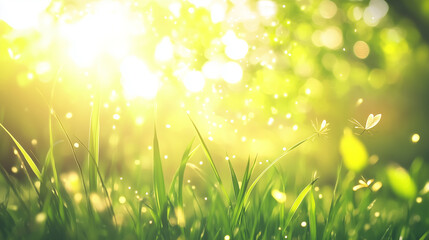 Obraz premium A sunlit meadow with vibrant green grass, warm golden sunlight streaming through.