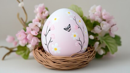Fototapeta premium Hand-painted easter egg with floral design in woven basket surrounded by blossoms