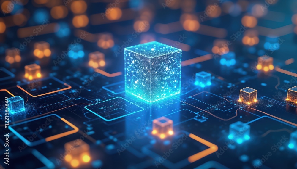 Poster abstract illustration shows glowing blue, gold cubes on hi-tech circuit board. digital tech design c