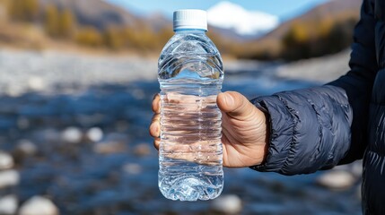 A person holding a clear water bottle near a river in a natural setting.