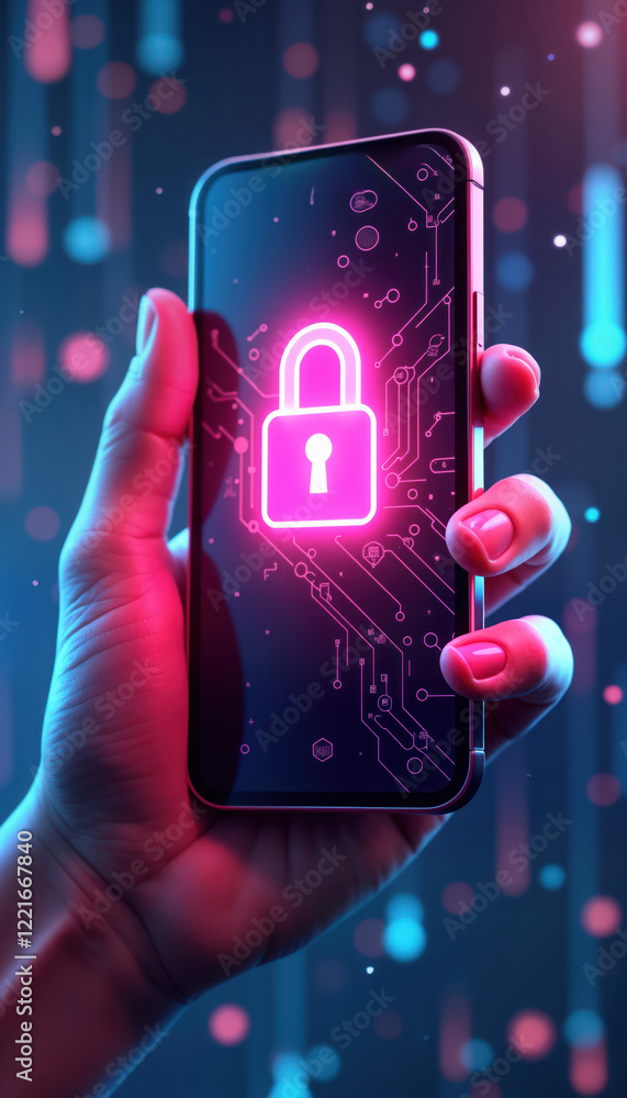 Poster hand holds modern smartphone. mobile device screen glows with glowing pink security lock symbol over