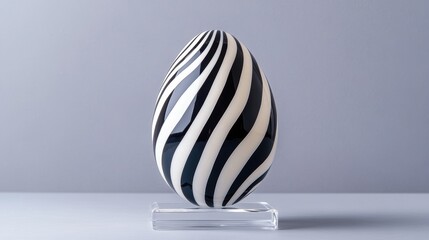 Sculptural black and white striped egg on elegant stand against gray background
