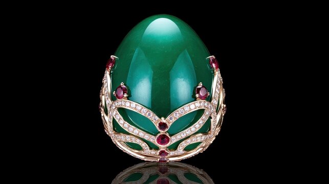 Luxurious jade egg with gold and ruby encrusted filigree on black background