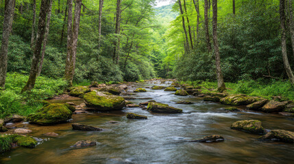 Obraz premium A peaceful woodland creek bordered by mossy rocks, surrounded by towering evergreen trees, soft light filtering through the dense canopy
