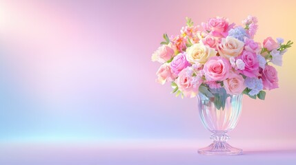 Fototapeta premium Elegant crystal vase with pastel roses and delicate blooms on soothing gradient background