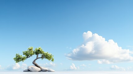 Obraz premium Tranquil bonsai tree on smooth stones against a clear blue sky with puffy cloud