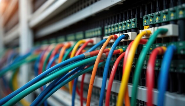 Close-up view of colorful wires connected to programmable logic controller. Installation maintenance work in progress. Industrial automation tech evident. Tech equipment probably in factory similar