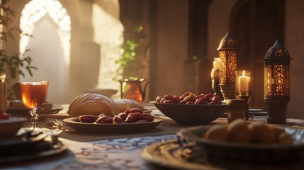 Fototapeta premium Sunlit Arabian feast, dates, bread, candles, archway, interior, food photography