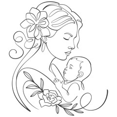 mother and baby line art style vector illustration