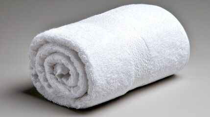 A neatly rolled white towel, commonly used for drying or wrapping after bathing.