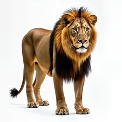 Obraz premium Powerful lion stands isolated on white background. Wild animal with majestic mane. Great photo for zoology books wildlife magazines animal documentaries. Image suitable for animal lovers enthusiasts.