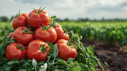 A pile of ripe tomatoes surrounded by green leaves in a field under a cloudy sky.