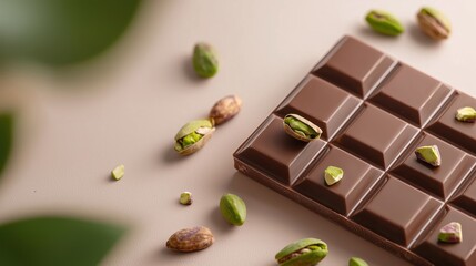 Chocolate bar with pistachios embedded, placed elegantly on a neutral backdrop, exuding indulgence and minimalistic charm.