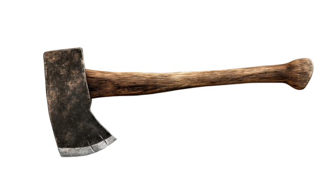 Aged Hand Axe: A well-worn hand axe with a wooden handle and a dark metal head, showing signs of age and use, isolated against a clean background.  