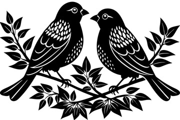 Two birds in love, sitting on a branch, vector art illustration white background 