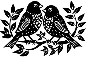 Two birds in love, sitting on a branch, vector art illustration white background 
