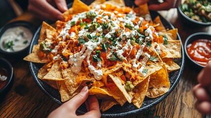 Close-up of loaded nachos with melted cheese, guacamole, and sour cream, shared among friends at a lively gathering.