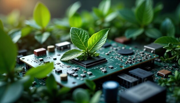 Tech eco friendly concept. Circuit board with plant growing on processor. Sustainable tech future. Recycling, eco friendly practices. Sustainable tech concept. Electronics, nature. E-waste