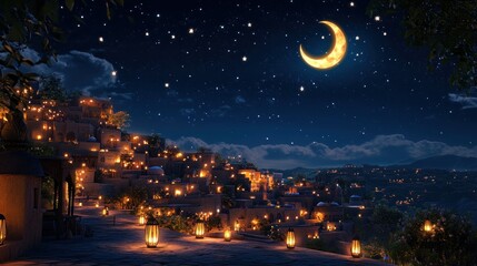 Nighttime village, crescent moon, starlit sky, lanterns, travel
