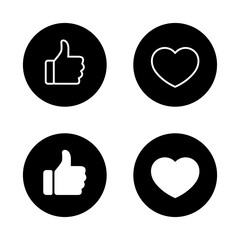 Like and love icon on black circle. Social media thumb up and heart sign symbol