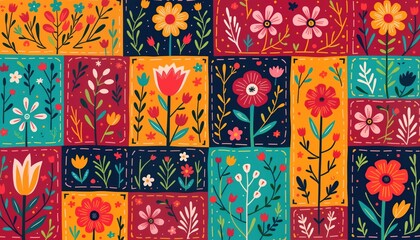 Colorful floral design with vibrant patterns. Patchwork style with numerous flowers, plants. Stylish decorative design. Creative template for social media post. Hispanic Heritage Month theme. Ideal