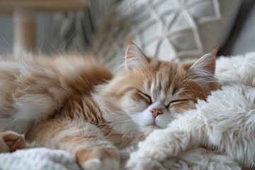 Obraz premium An orange and white cat sleeping on a white blanket