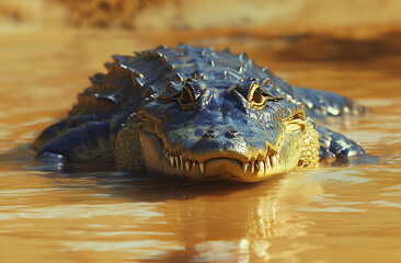 Obraz premium crocodile basking in the sun on its back, its mouth open and full of teeth. The ground is wet with water that has been pouring from above onto it. 