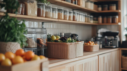 Minimalist kitchen with wooden shelves, glass jars, and fresh produce
