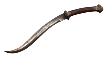 Ancient Curved Dagger: A sleek and deadly curved dagger, crafted from gleaming steel, its sharp blade poised for action.
