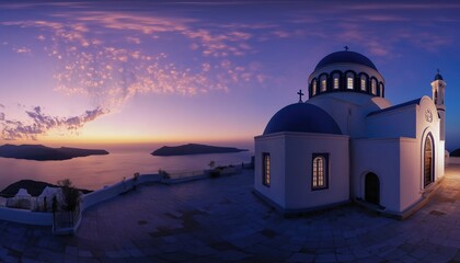 Fototapeta premium Blue Domed Churches View at Sunset in Santorini Greece